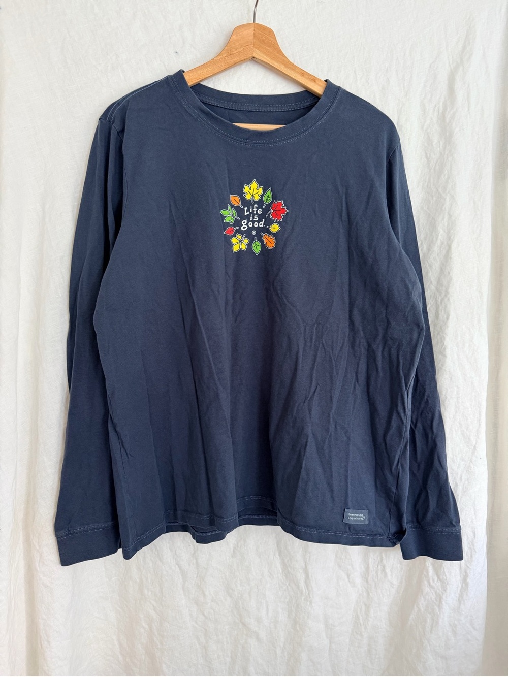 LIFE IS GOOD Women Crusher Tee Fall Maple Leaf Long Sleeve Crew Neck Blue